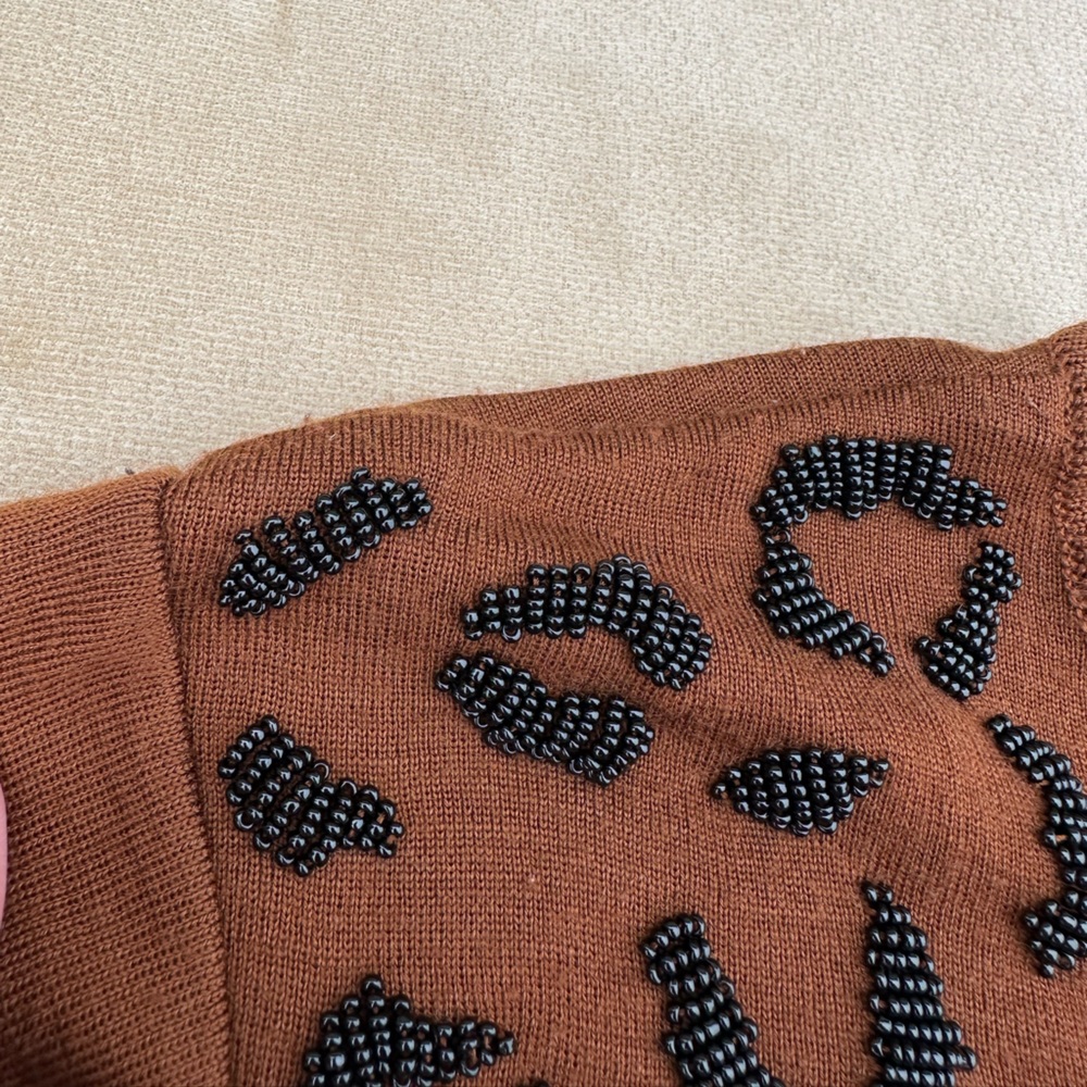 Carole Little Wool Vintage Brown Knit Sweater Dress | Beaded Leopard Embroidery - Picture 4 of 14